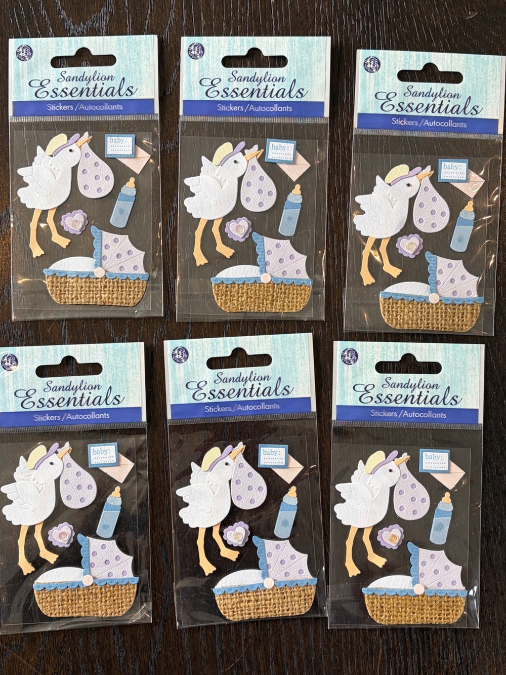 Sandylion Essentials Vintage Stickers New Baby Stork. 6 packs of 5 stickers each